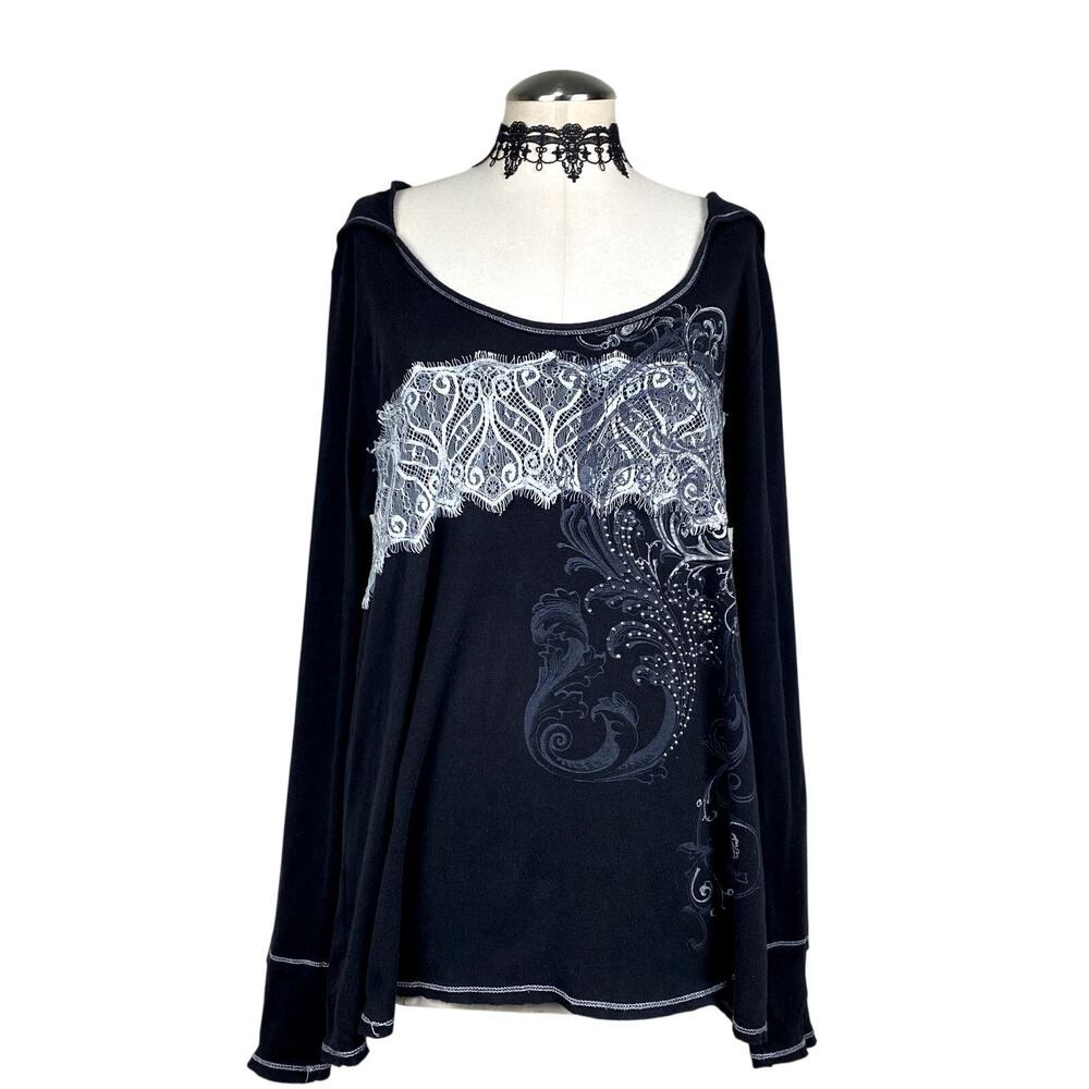 Y2K Maurices Lace Filigree Rhinestone Mallgoth Gothic Grunge Emo Alt Hoodie 1XL